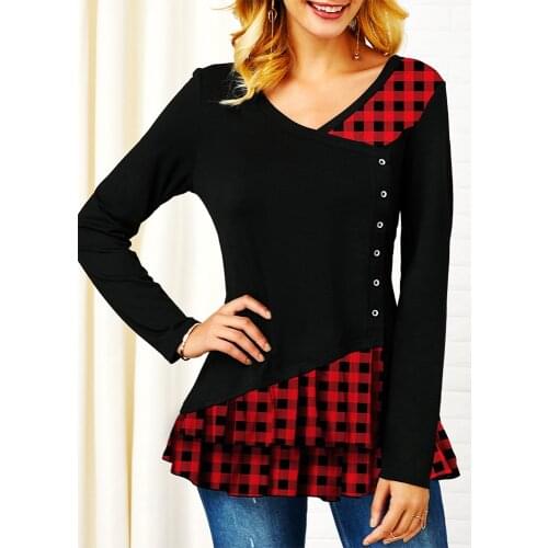 Cotton T-Shirt Women Autumn Casual Plus Size V Neck Long Sleeve Irregular Patchwork Plaid Print Tee Shirt Female Tops 5XL