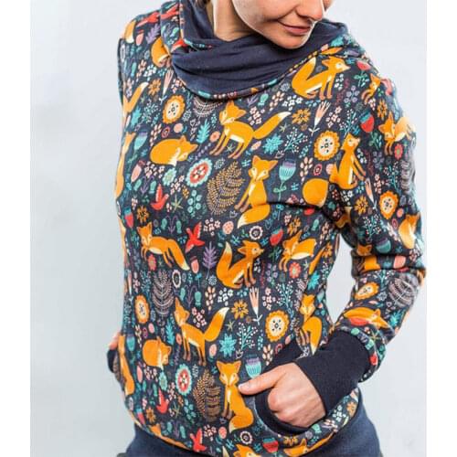 Good Quality Women Cartoon Animal Foxes Printed Hoodies Sweatshirt Vintage Long Sleeve Hoody Pullover Tops with Hooded