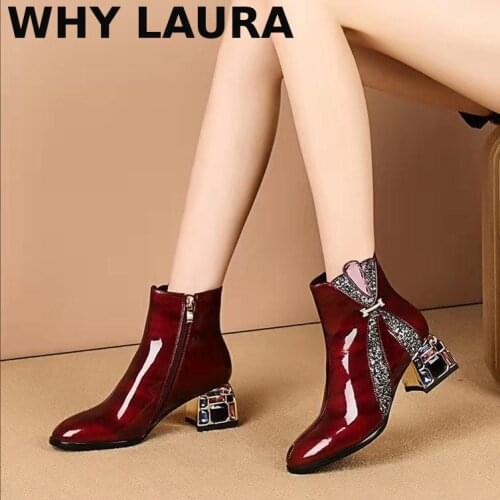 New pu bright leather boots 2021 Womens ankle boots Summer high heel Rhinestone boots hollow side zipper black, wine red