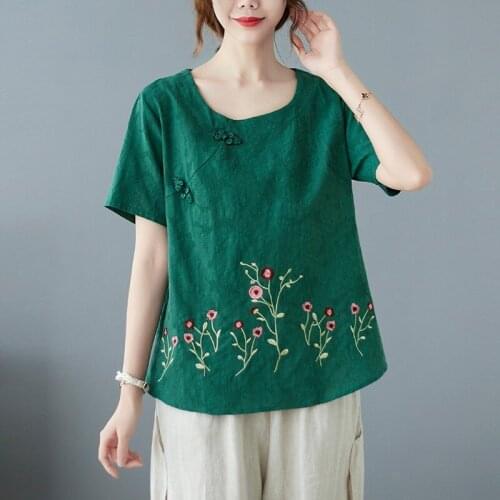 Plus Size Women Summer Cotton Linen T-shirts New 2021 Vintage Style Floral Embroidery Female Short Sleeve Casual Tops Tees B394