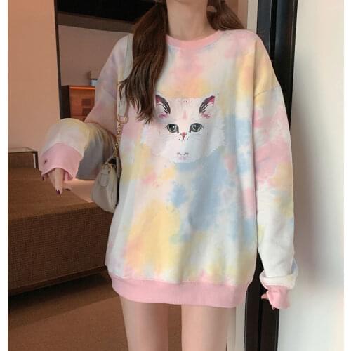Sweatshirts Women Cat Printed Hoodies Casual Tie Dyed Spring Thin Loose Korean Style Female Pullovers Mujer Clothing O-Neck Tops