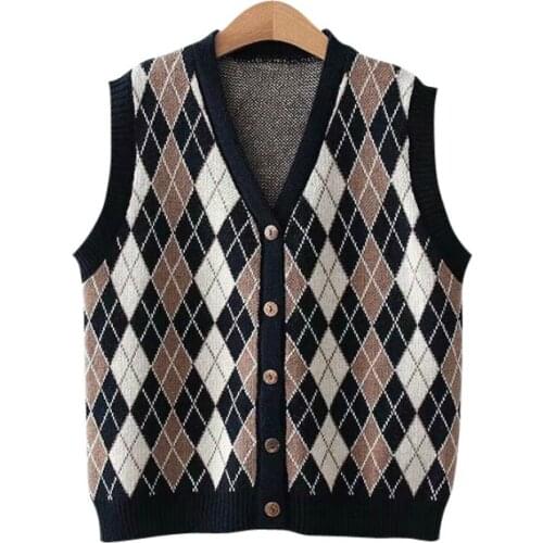 Argyle Jacquard Single-breasted Knitted Women Sweater Vest 2021 Winter Sleeveless V-neck Korean Fashion Girly Soft Warm Tops