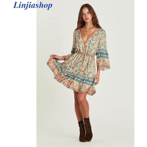 Vintage bohemian mini dress women floral print bat sleeve beach long boho dress ladies v neck robe femme kimonos austria vestido