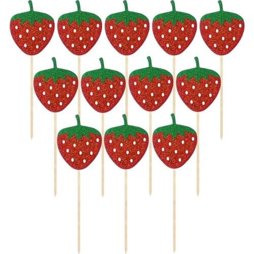 12pcs in 1 Pack Strawberry Pattern Insert Cake Inserted Picks Glitter Cake Toppers Fruits Cake Decor for Party Use