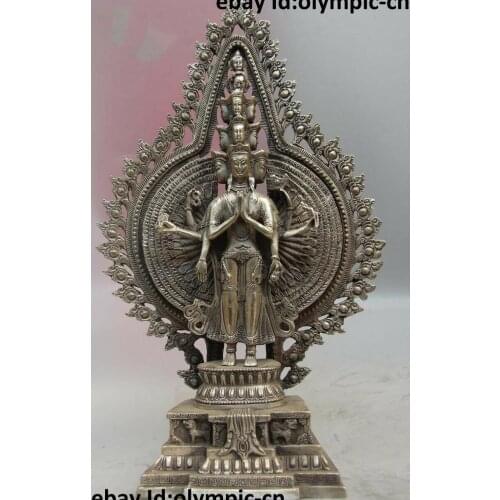 15" China Tibet Silver Kwan-yin Avalokitesvara Guanyin Bodhisattva buddha Statue