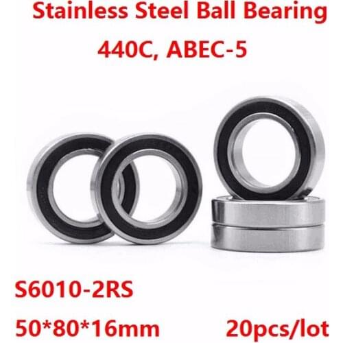 20pcs/lot S6010-2RS S6010RS S6010 2RS RS 50*80*16mm ABEC-5 Stainless steel Deep Groove Ball bearing Double Rubber cover