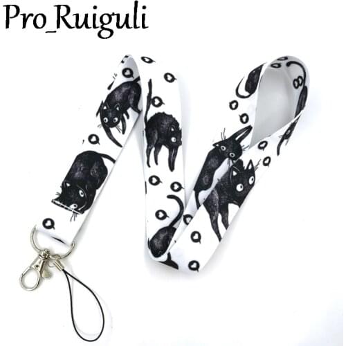 30pcs Black Cats Hearts Love Lanyard Keys Phone Holder Funny Neck Strap With Keyring ID Card DIY Animal webbings ribbons Hang