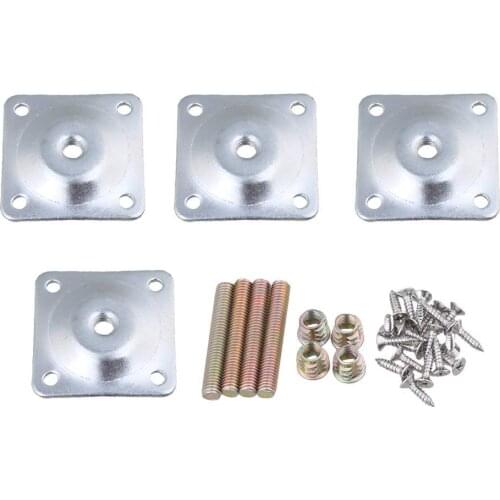4Pcs Iron 48x48mm Soft Table Chair Feet Attachment Plates Silver Color Furniture Leg Mounting Plates with Hanger Bolts Adapters