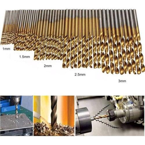 50PCS High Speed Steel Twist Drill 1.0/1.5/2.0/2.5/3.0mm Titanium Coated HSS Drill Woodworking Hand Tools Drill Bit Set