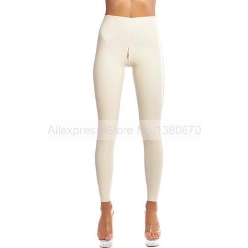 White Sexy Latex Leggings Long Tight Pants Exotic Trousers with Crotch Zipper S-LTW066