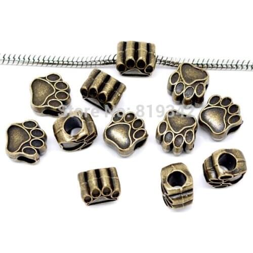 Free Shipping 20pcs Antique Bronze Tone Bear' Paw Charm Big Hole Beads Fit European Charm Bracelet 11x11mm J0434