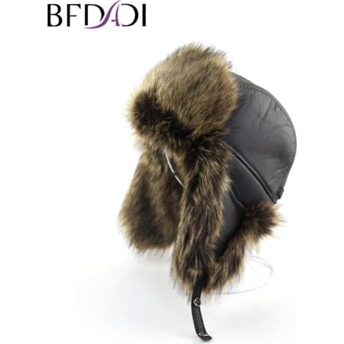 BFDADI Winter Hot Mens Faux Fox Fur Bomber Hat Ushanka Cap Trapper Russian Man Ski Hats Caps PU