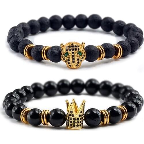 Black Natural Volcanic Stone Bracelets Leopard Head Crown Elastic Rope Frosted Beaded Bangles Fashion Jewelry For Couples Homme