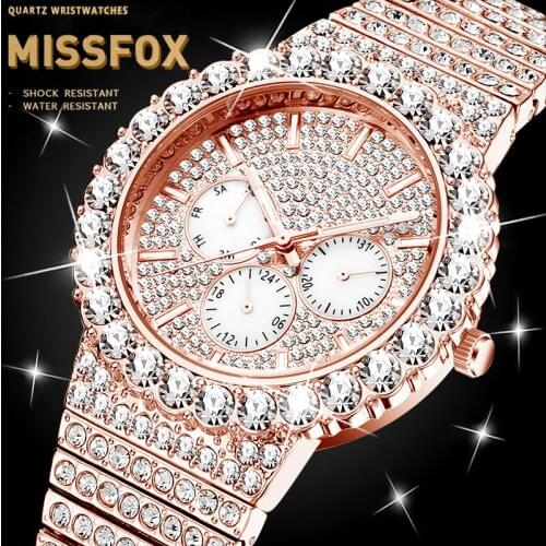 Rose Gold Watch Men Luxury Brand MISSFOX Sports Watch for Men Water Resistant Full Diamond Hardlex Analog Quartz Mens Hand Watch
