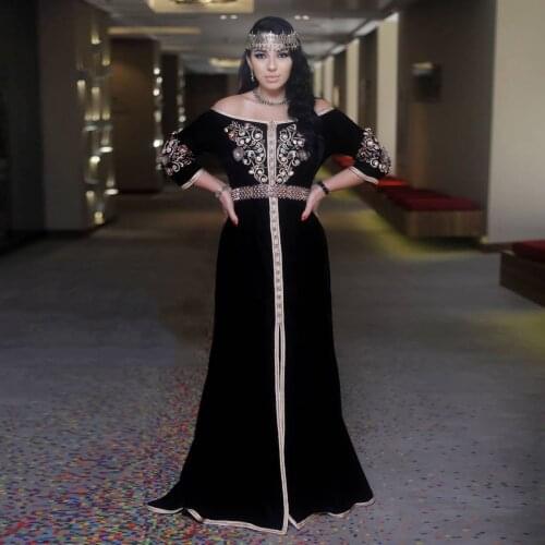 Black Elegant Moroccan Caftan Evening Dress Off-the-shoulder A-Line Floor Length Summer Dress Special Occasion Formal Prom Dress