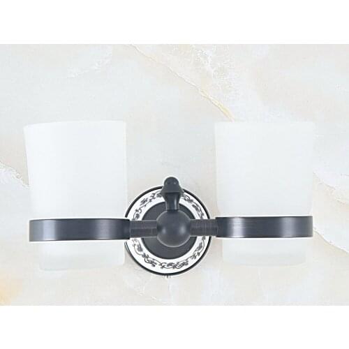 Black Oil Rubbed Brass Double Toothbrush Holder With Glass Cup Wall Mounted Bathroom Accessories aba760