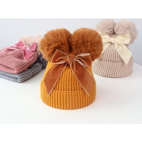 Baby Stuff Double Pompom Hat Winter Knitted Kids Baby Girl Hat Warm Thicker Children Infant Beanie Cap Newborn Accessories