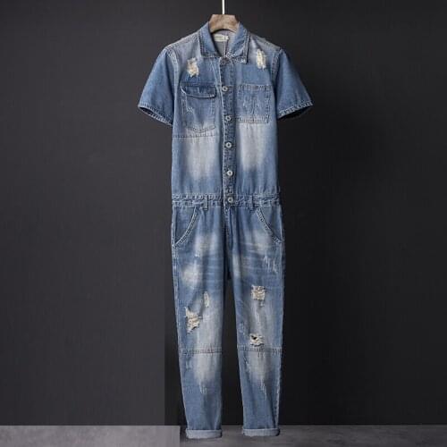 Korean Safari Style Mens Ripped Hole Bleached Short Sleeve Denim Jumpsuits , Overalls For Men , Male Summer Jeans Playsuits