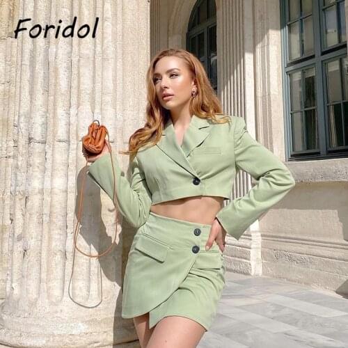 Foridol Two Pieces Blazer Skirt Dress Sets Suit Office Lades High Fashion Green Top Skirt Set Autumn Office Ladies Dress Vintage