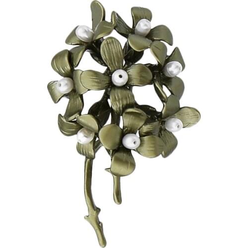Brass natural pearls green leaves wild flowers brooches
