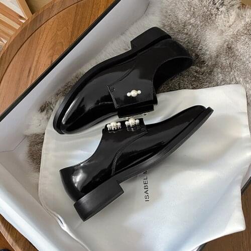British style black small leather shoes womens mid-heel single shoes pearl womens shoes a pedal leather X861