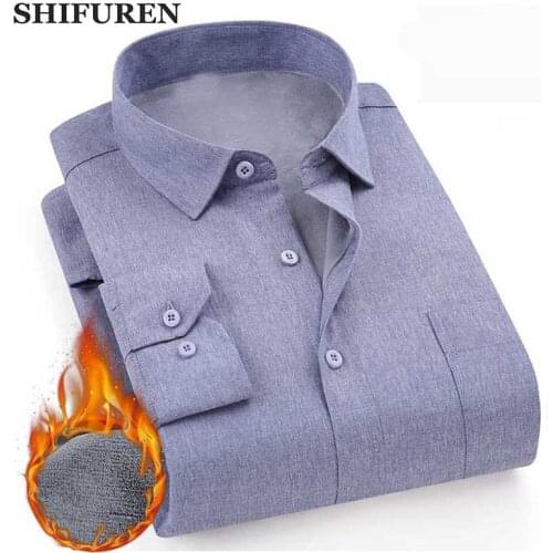 SHIFUREN Winter Warm Men Dress Shirts Long Sleeve Fleece Lining Male Social Shirts Causal Working Wear Clothes Solid Color