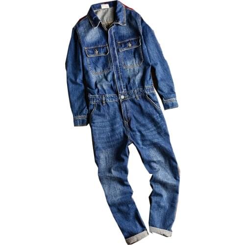 Lapel long-sleeved jumpsuit male hip-hop style men’s casual loose multi-pocket comfortable overalls blue denim overalls