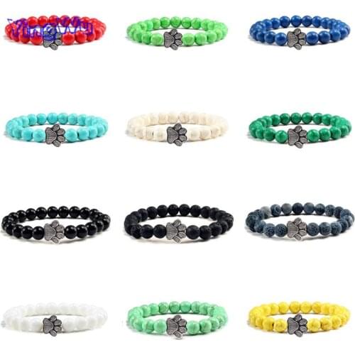 Charm 8mm Natural Beaded Bracelets Handmade Elastic Turquoises Black Matte Stone Cat Paw Bracelet Bangles Jewelry For Men Women