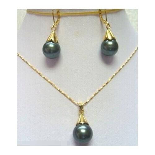 Wholesale Good New Fashion 12mm Black Shell Pearl Pendant Necklace Earring Set 18 Inch Genuine Lucky Ladys Jewelry Fine Womans