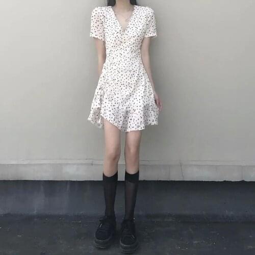 V-Neck Dress With Cute and Sweet Floral Drawstring White Print Flowers All-Matched and Comfortable d88