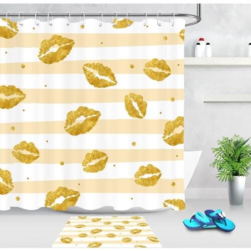 Striped Gold Lips Print Pattern Polyester Waterproof Shower Curtains Floor Mat Bath Curtain Home Valentines Day Decoration