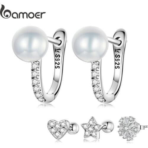 Bamoer Luxury 925 Sterling Silver Pearls Ear Buckle Simple Crystal Heart Star Stud Earrings for Women Wedding Jewelry Gift