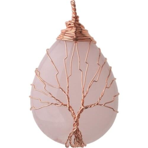 Pink Quartz Pendant Water Drop Shaped Crystal Natural Stone Tree Of Life Necklace Wire Wrapped Necklaces For Women DIY Jewelry