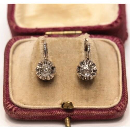 OLD ORIGINAL 10K GOLD NATURAL ROSE CUT DIAMOND DECORATED PRETTY EARRING