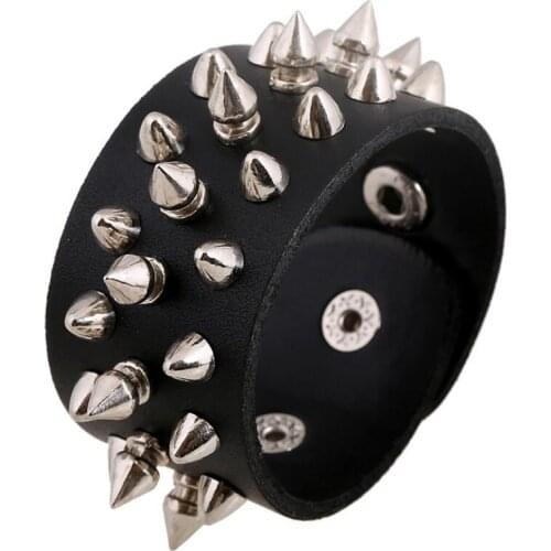 Steampunk Gothic Rock Cuspidal Spikes Rivet Cone Stud Wide Leather Cuff Bracelet Wristbands Charms Bangle Fashion Punk Jewelry