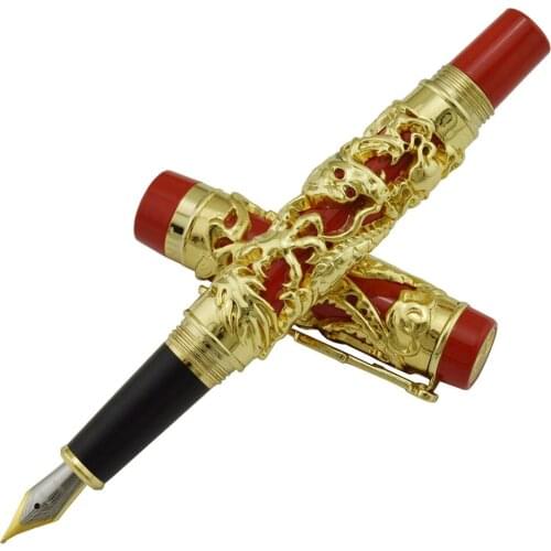 Jinhao Dragon Phoenix Vintage Luxurious Fountain Pen, Metal Carving Embossing Heavy Pen, Noble Golden & Red for Office School