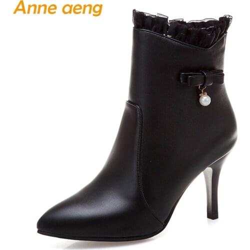 2019 New Winter Women Ankle Boots High Thin Heel Pointed Toe Zip Pearl Ruffles Sexy Women Shoes Black Short Boots Big Size 33-48