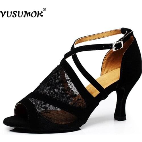 VUSUMOK Women Dance Shoes Modern Latin Tango Salsa Ballroom Shoes Velvet Net Ladies Girls Tap Shoes Square Lace Heels Plug Size