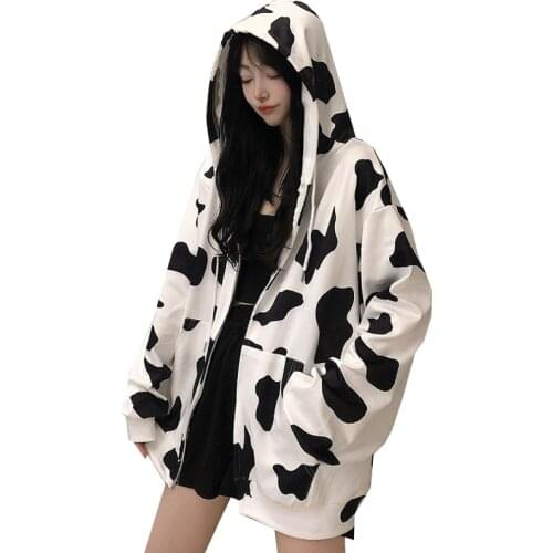 Cow Printed Womens Hoodies Harajuku Warm Female Hooded Tops Autumn Winter Ladies Girls Pullover Fashion Chic Woman Hoodies
