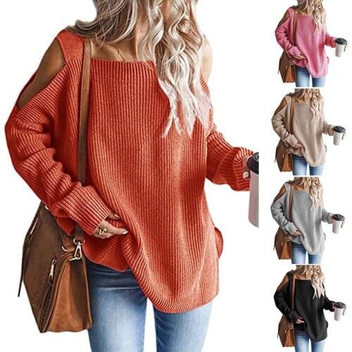 Women Off Shoulder Strapless Pullover Solid Color Long Sleeves Oversized Sweater Autumn Pullover Sweaters