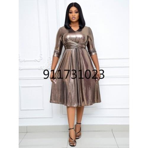 Plus Size Women Dresses Sexy Golden Shiny Cross Wrap High Slit Dress Lantern Sleeve Party Night African Long Dress Spring Fall