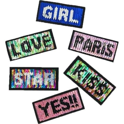 10pcs/lot Flip-sided Sequins Embroidery Patches Letters Clothing Decoration Girl Kiss Love Diy Iron Heat Transfer Applique