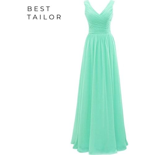2021 Bridesmaid Dresses for Wedding Mint Green Maid of Honor Gowns Long Pleated Chiffon V Neck Lace Up Custom Make A-Line Simple