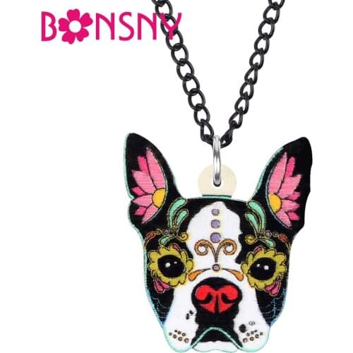 Bonsny Acrylic Halloween Floral French Bulldog Dog Necklace Animal Pets Collar Pendant Jewelry For Women Teens Gift Accessories
