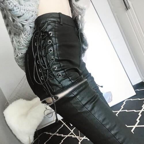 Punk Fashion Zippers Tied Womens PU Leather Pants High Waist Slim Fit Female Trousers Female Pencil Leather Pants Women