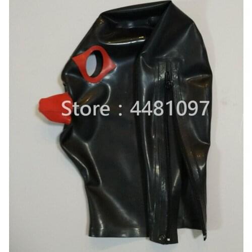 Handmade Black Latex Mask Rubber Hood with Red Mouth Sheath Tongue