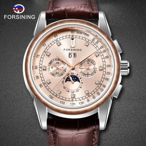 FORSINING Automatic Male Watches Moon Phase 3 Dial Top Fashion Luxury Clocks Leather Strap Business Casual Men Wristwatch