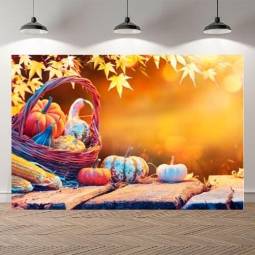 Seekpro Autumn Harvest Pumpkin Photography Background Photographic Backdrop Wooden Maple Leaf Children For Photo Studio Shoot