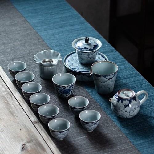 Fugui Peony Blue and White Porcelain Tea Set Chinese Retro Teapot Gaiwan Set Home Porcelain Kung Fu Tea Set Tea Set Chinese