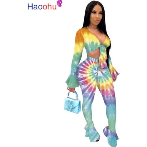 HAOOHU Mesh Sheer Tie Dye Two Piece Set Women Clothes Crop Top and Flare Pants Matching Sets 2 Piece Sexy Club Birthday Outfits